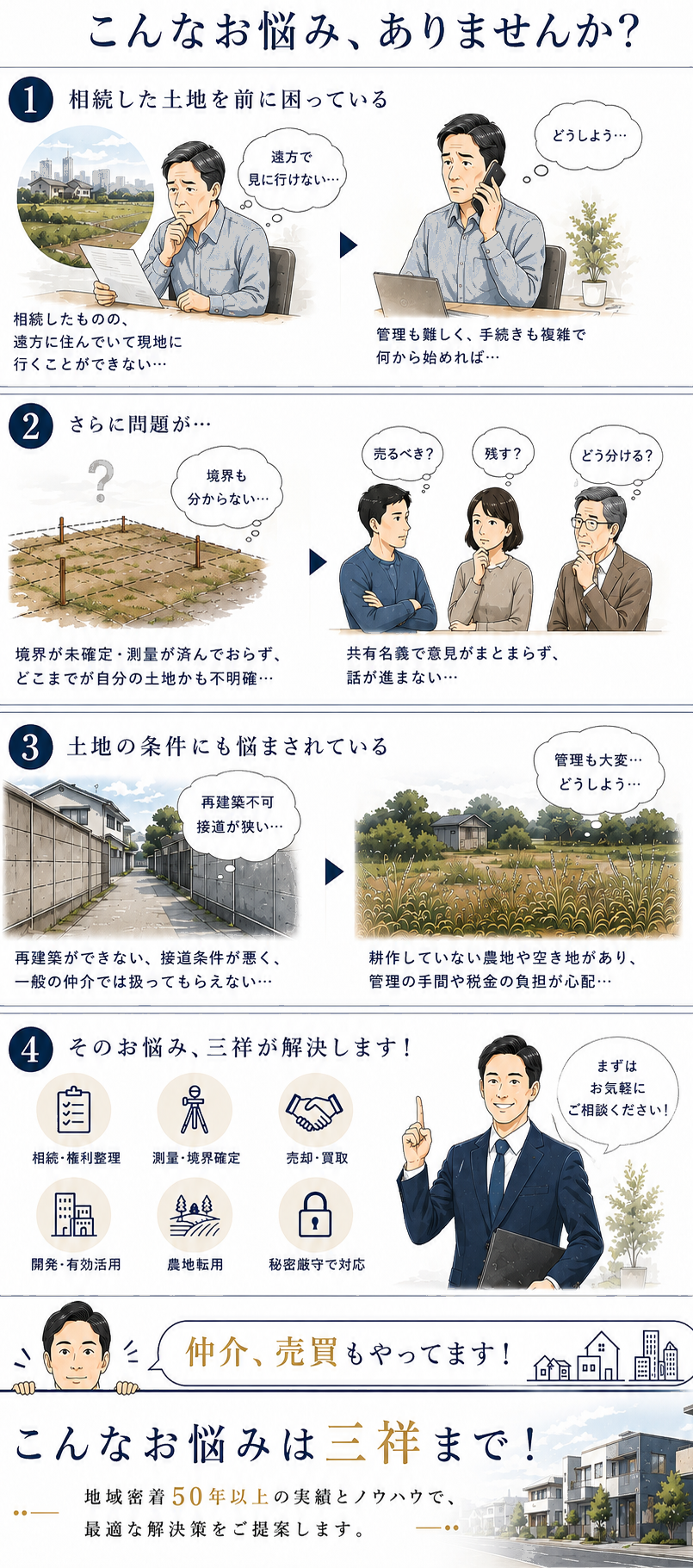 こんなお悩み、ありませんか？ 相続した土地を前に困っている、境界が未確定、共有名義で意見がまとまらない、再建築不可・接道条件が悪い、そのお悩み三祥が解決します
