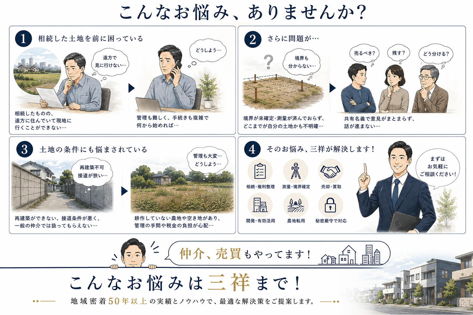 こんなお悩み、ありませんか？ 相続した土地を前に困っている、境界が未確定、共有名義で意見がまとまらない、再建築不可・接道条件が悪い、そのお悩み三祥が解決します